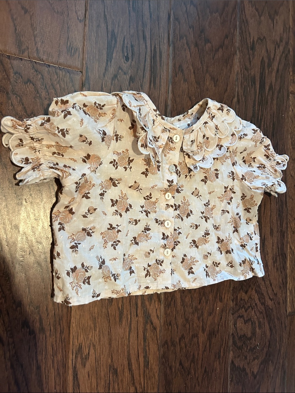 Rylee & Cru Girls Floral Button-Front Top with Scalloped Collar - Cream & Brown